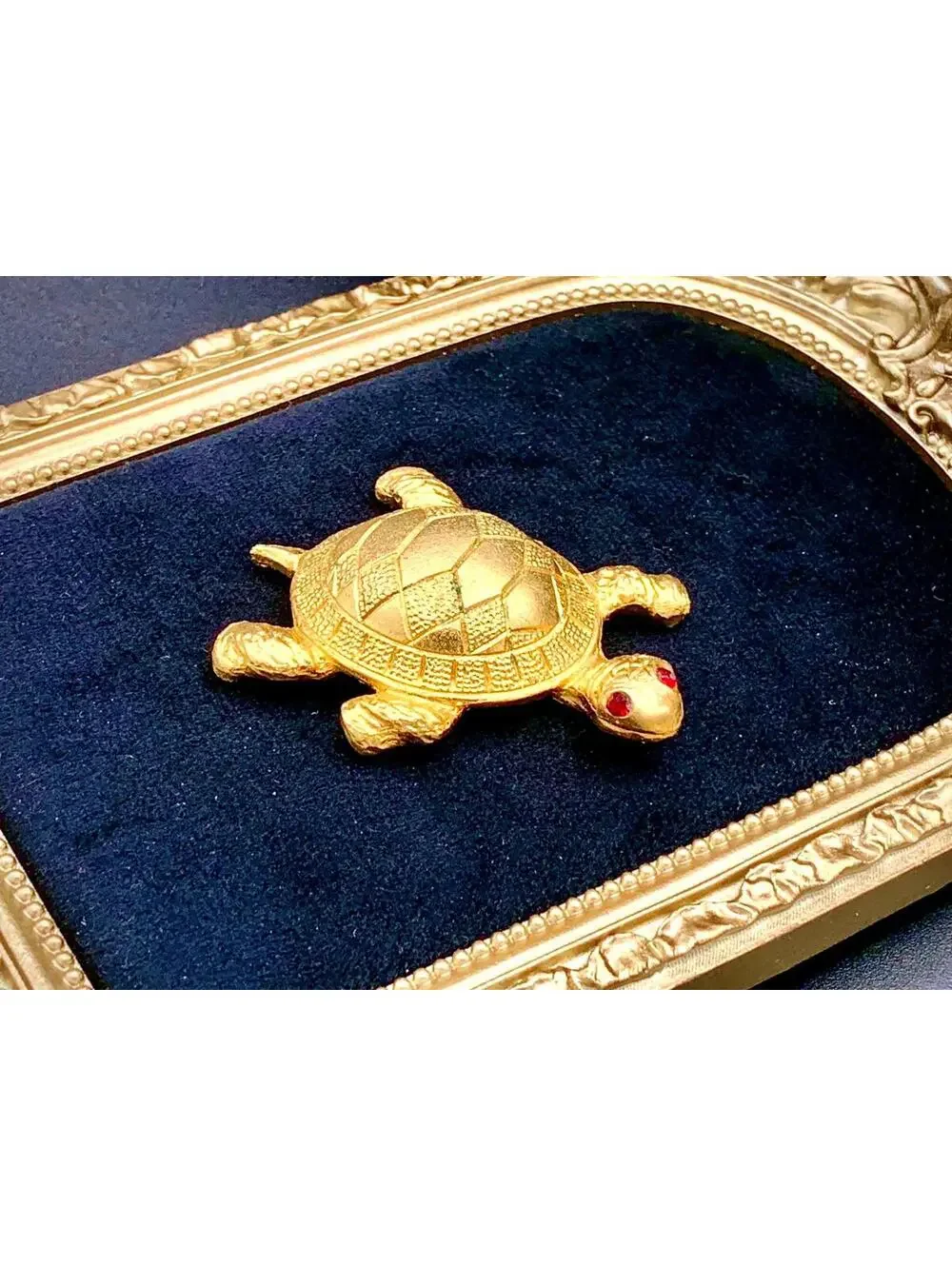 Vintage Gold-Tone Turtle Brooch with Red Crystal Eyes